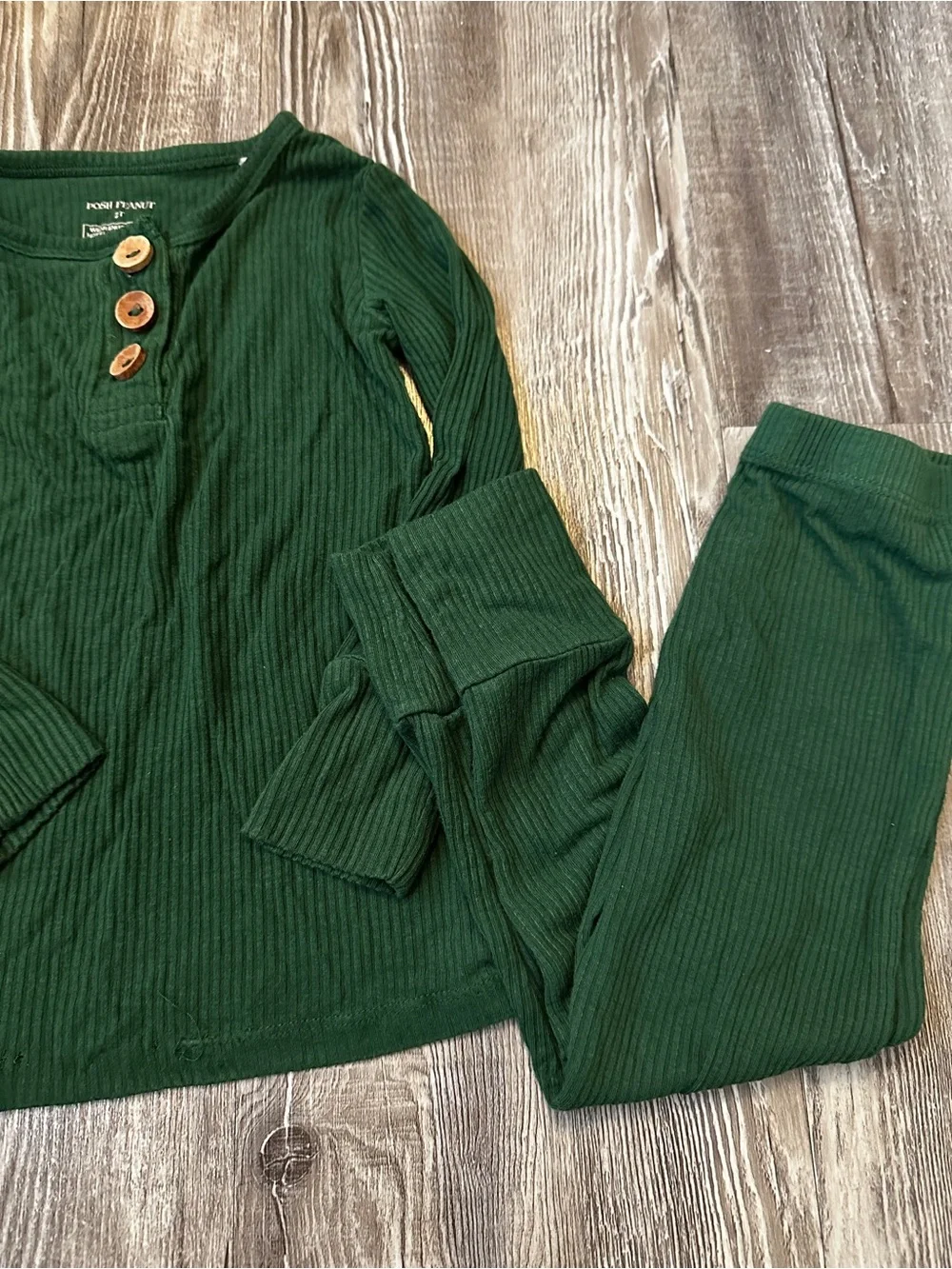 Posh Peanut Dark Green Ribbed Pajama Set with Wood Buttons